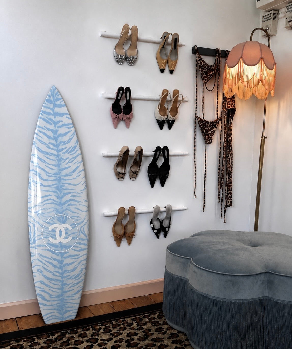 Blue Tiger Print Surfboard Wall Decor